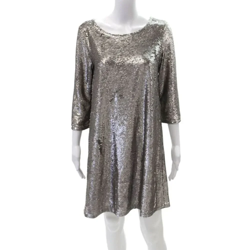 BB Dakota Womens Sequin Long Sleeves Knee Length Dress Silver Size Small